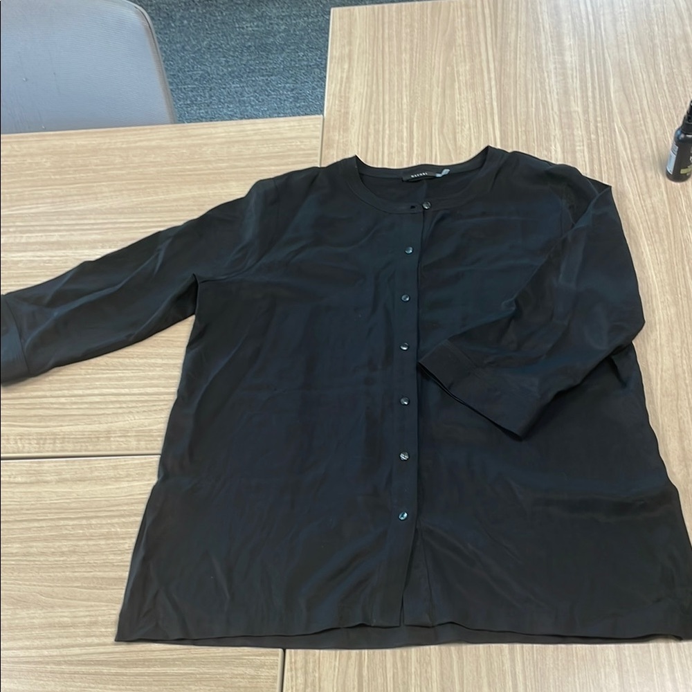 Natori Black Silk-Look Button Front Blouse